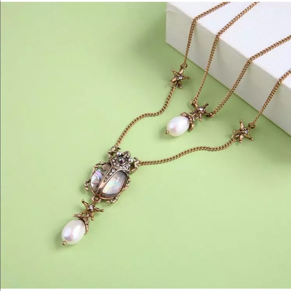 Double Layer Pearl Marble Bug Insect Necklace